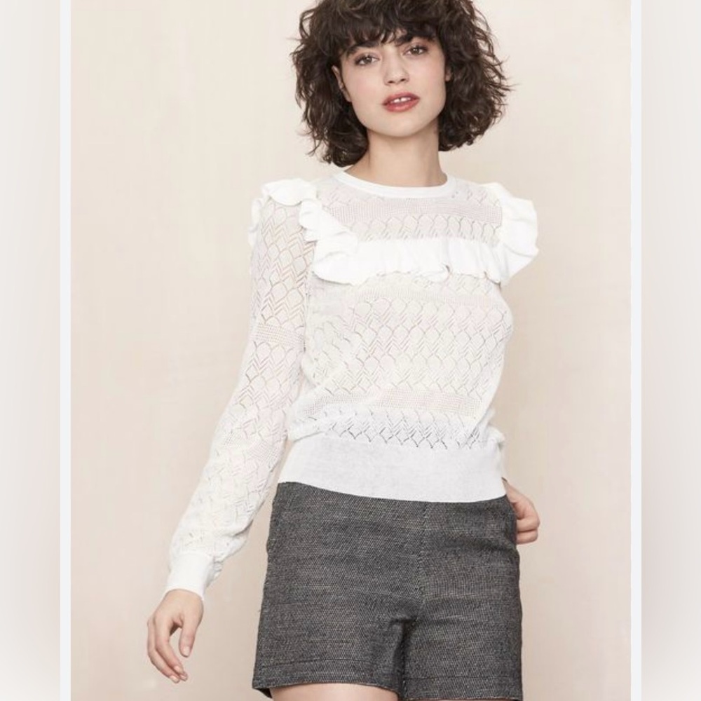 Maje white ruffled viscose crochet blouse top , size 3 (M-L)